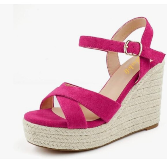 miss left Fuchsia Platform Round Toe Cross Strappy Espadrille Wedge Heels Sandal - Picture 1 of 7